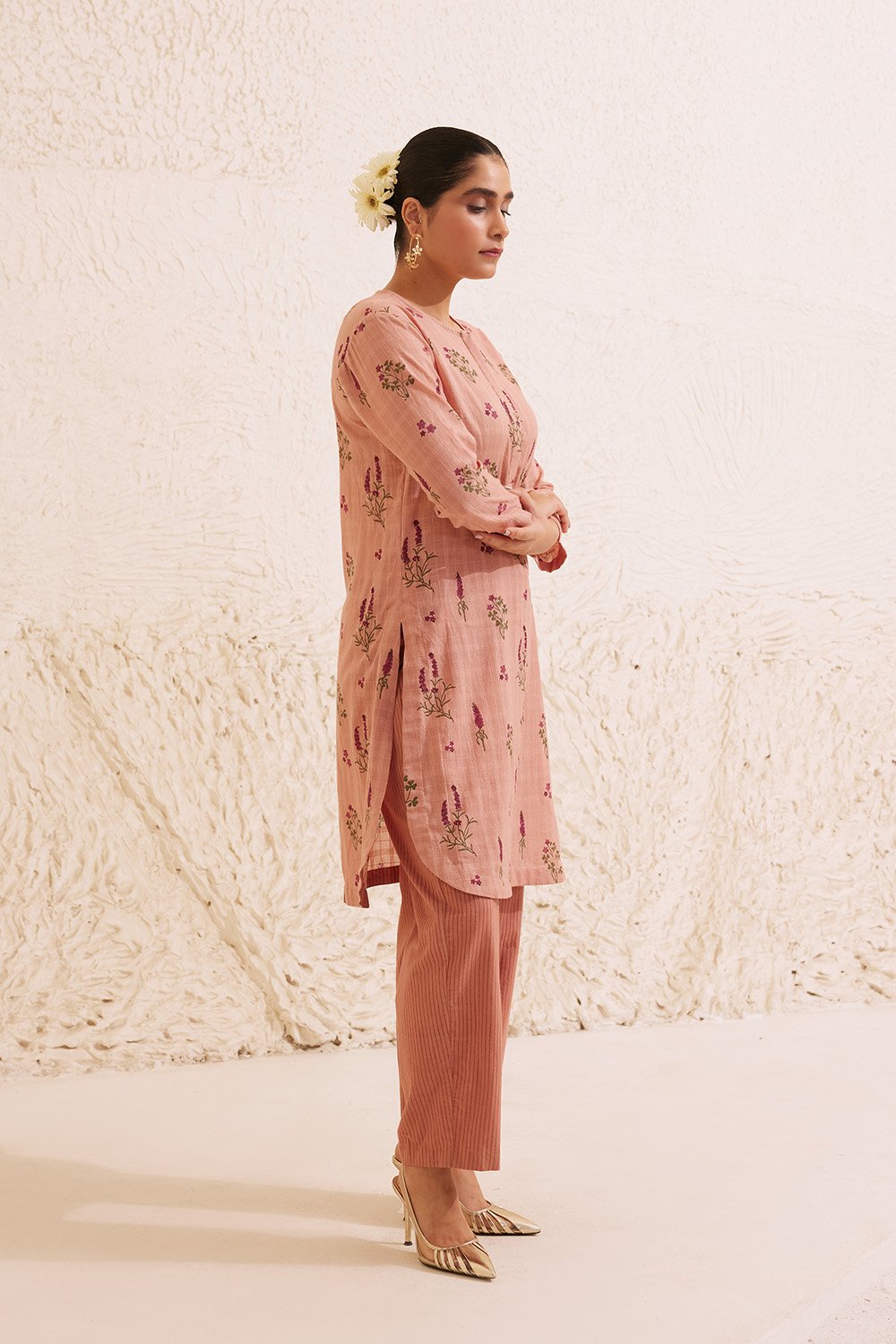 Pink Cotton Hand Block Floral Kurta Set