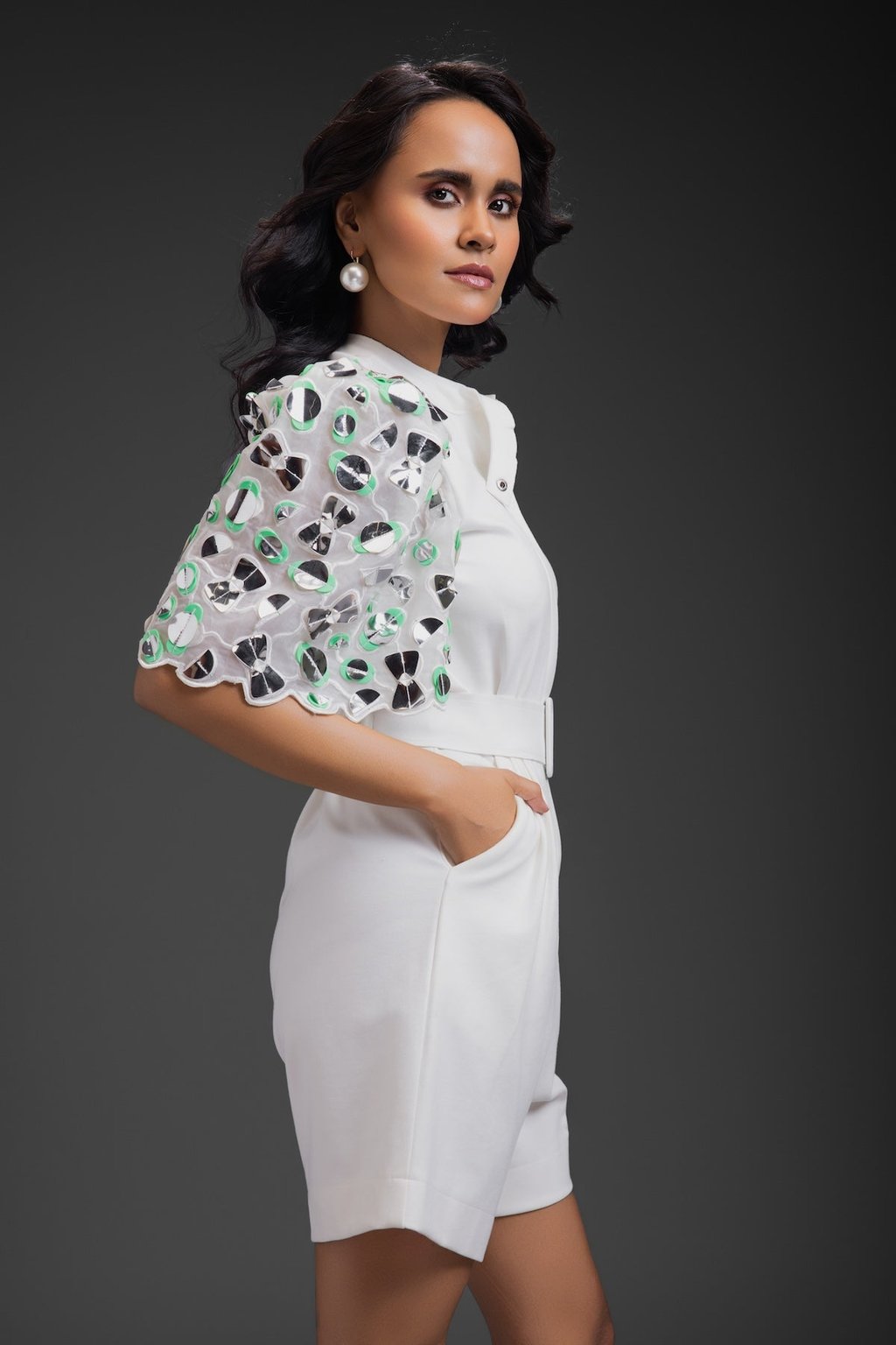 Playsuit with Neon Metallic Sleeve Detail and Belt