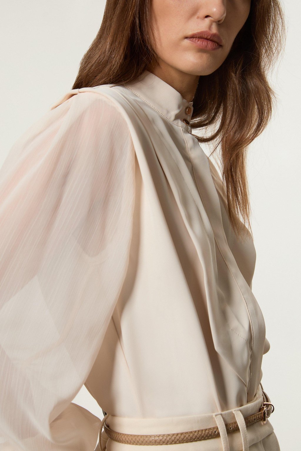 Crinkle Balloon Sleeve High Neck Woven Shirt