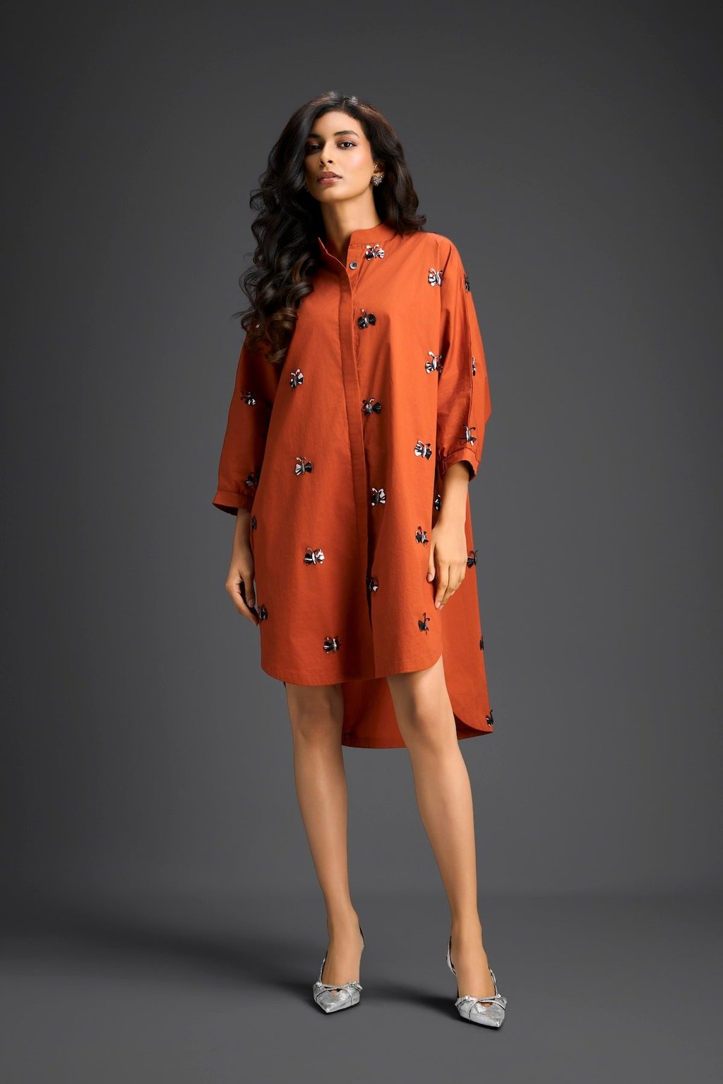 Rust Oversized Shirt Dress with Butterfly Motifs