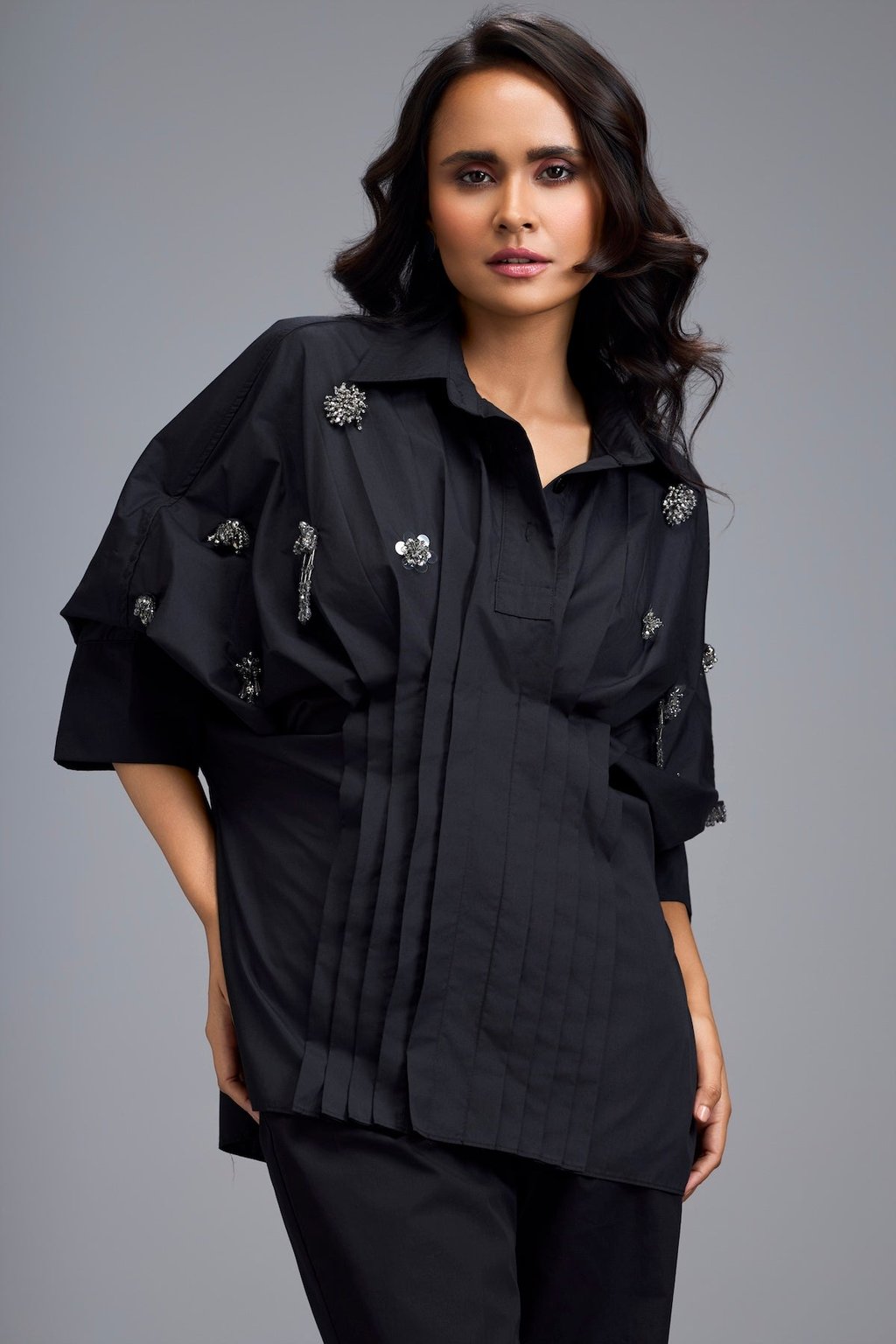 Black Embellished Button-Down Shirt with Pants