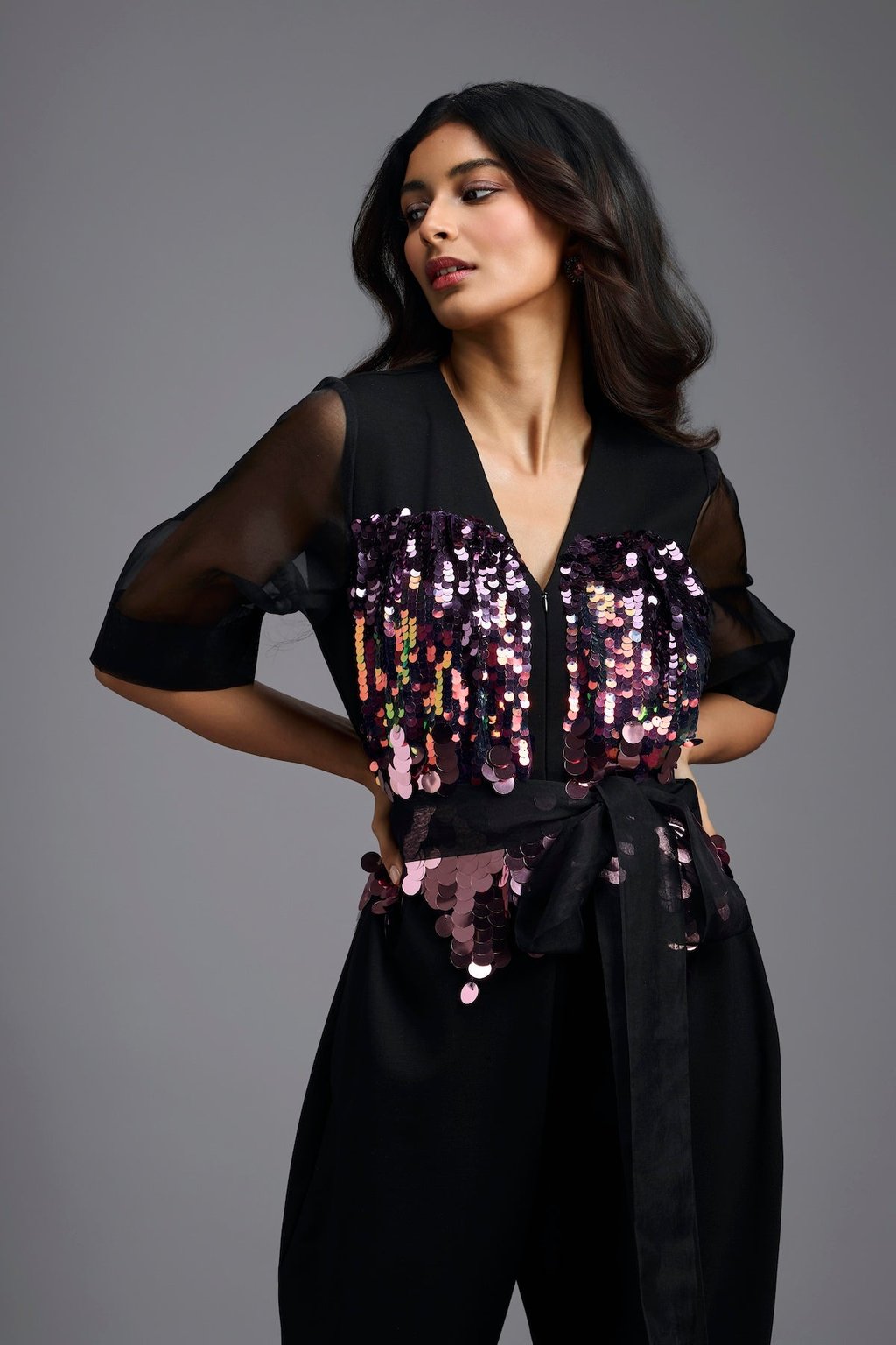 Sequin Jumpsuit with Sheer Sleeves