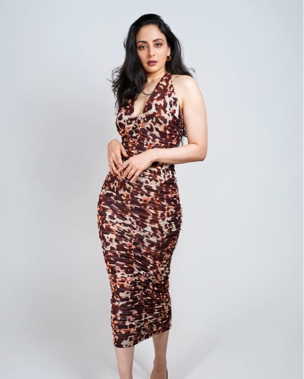 Leopard Print Plunge Halter Neck Mesh Midi Dress