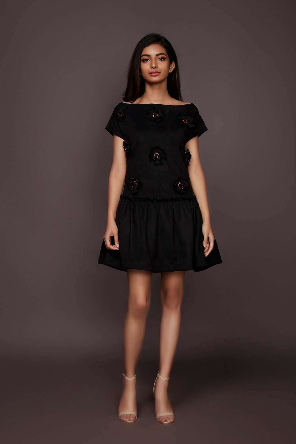 Black Suede Embroidered Short Dress