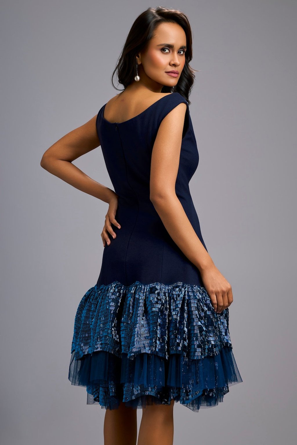 Off-Shoulder Navy Blue Dress with Shimmer Ruffles