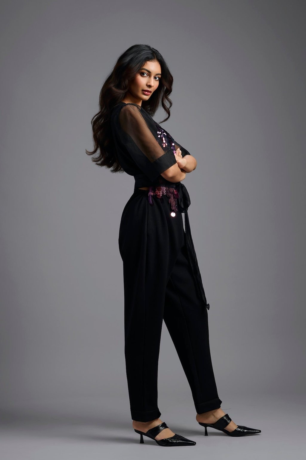 Sequin Jumpsuit with Sheer Sleeves