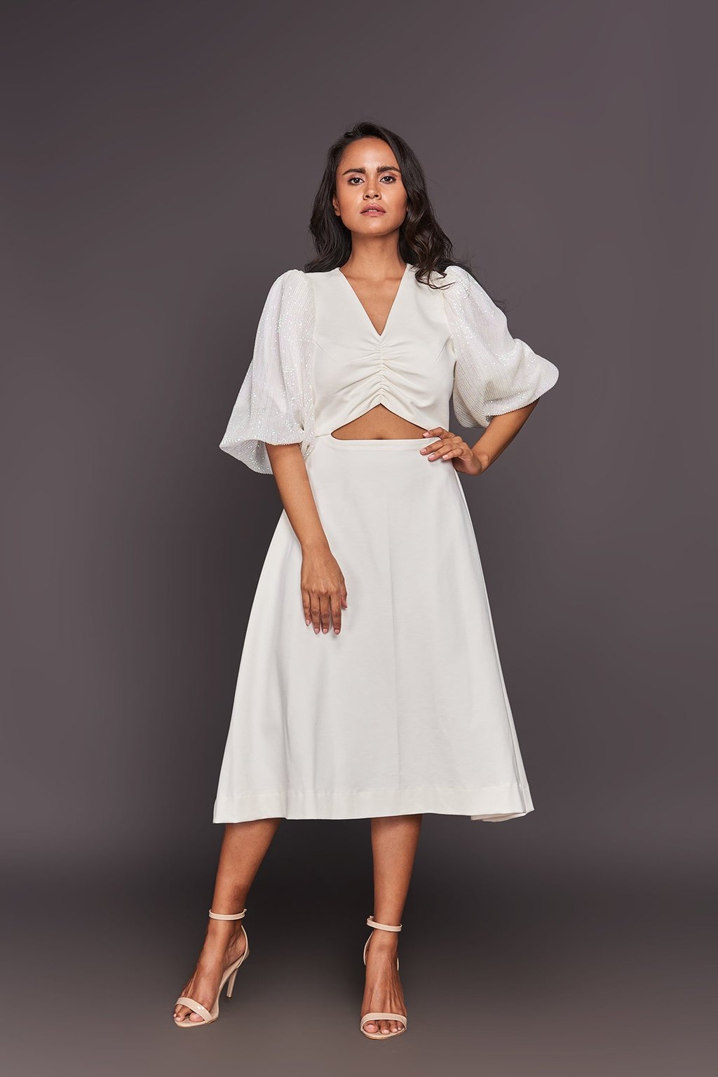Front Cutout Sequin Puff Sleeves Midi Dress