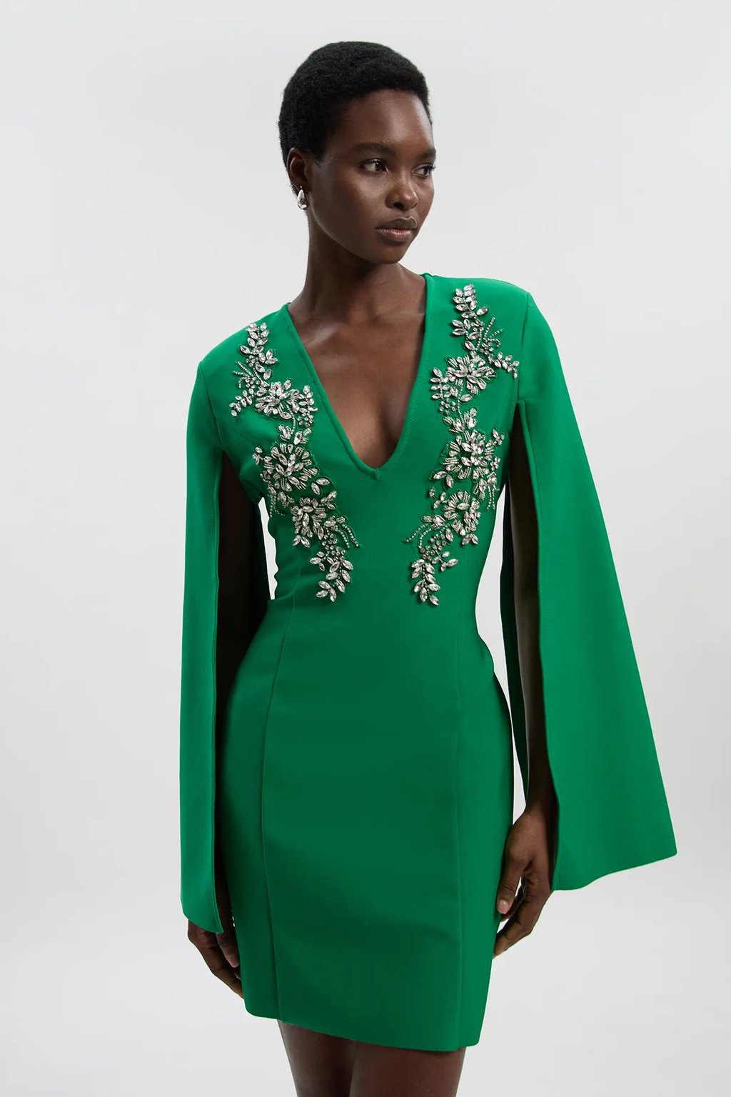 Bandage Form Fitting Cape Sleeve Embellished Mini Dress