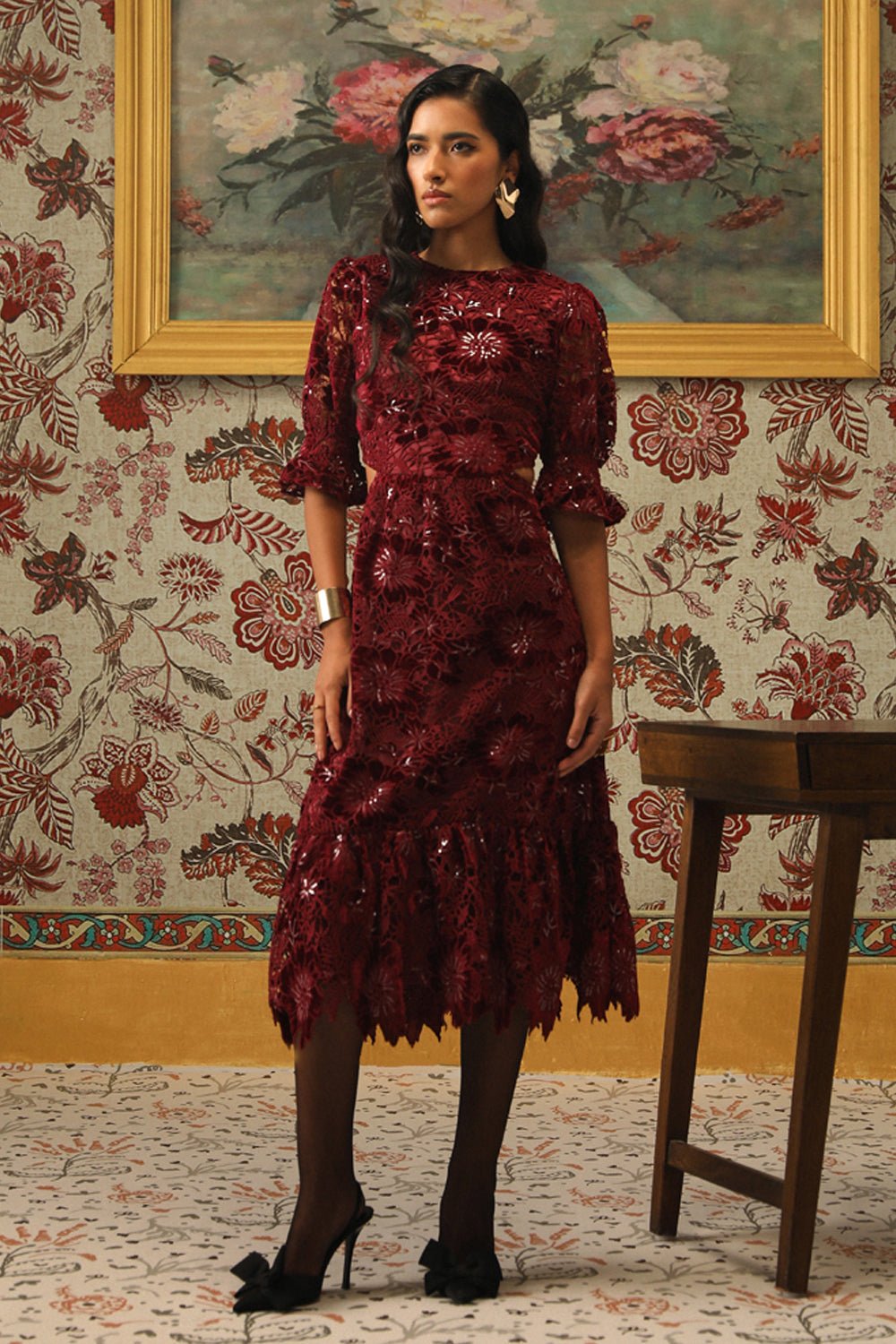 Glimmering Cutwork Applique Midi Dress