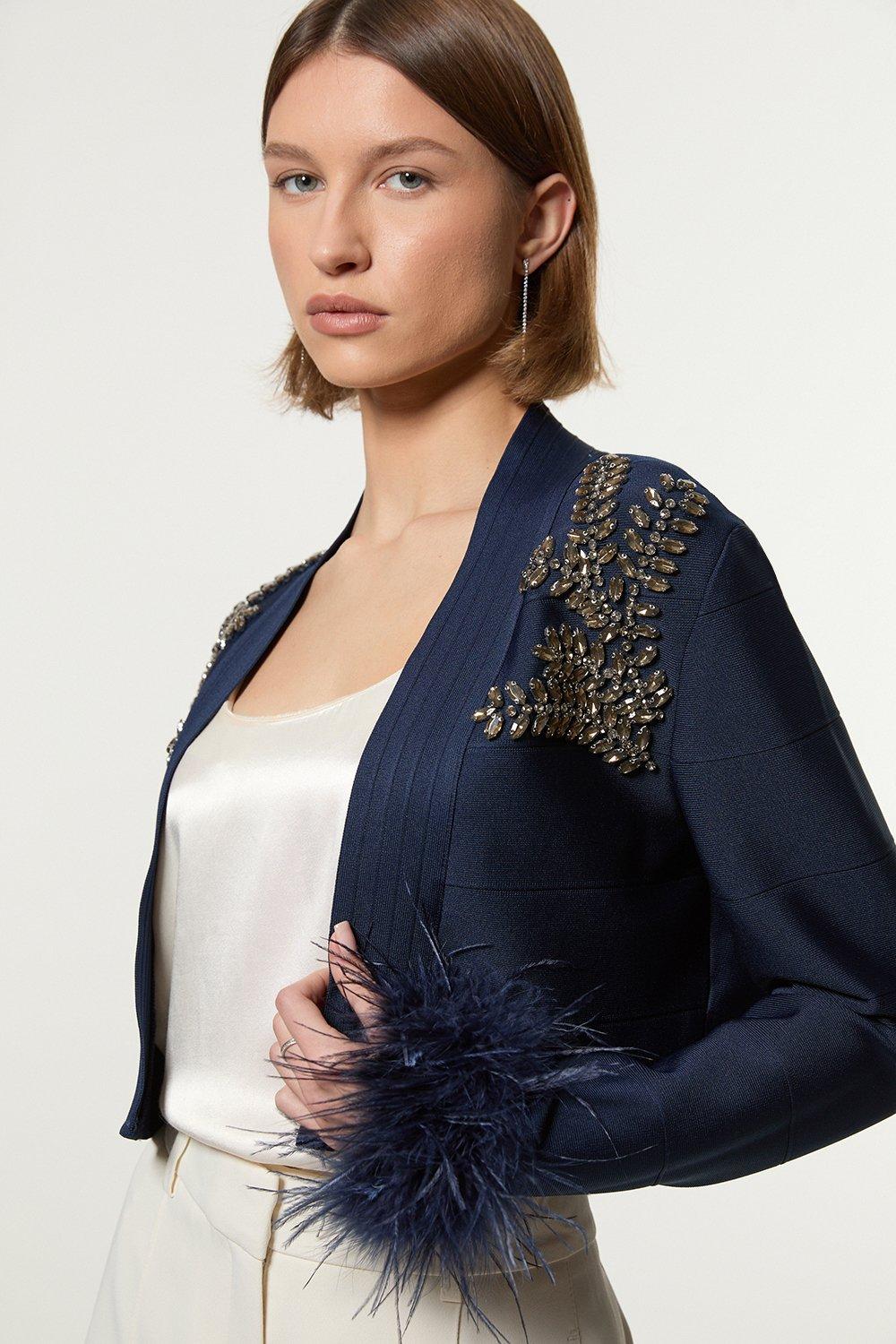 Figure Form Bandage Embellished Feather Cuff Crop Knit Jacket