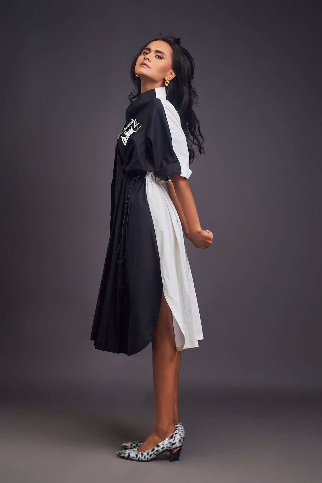 Pleated Oversized Shirt Dress with Patchwork
