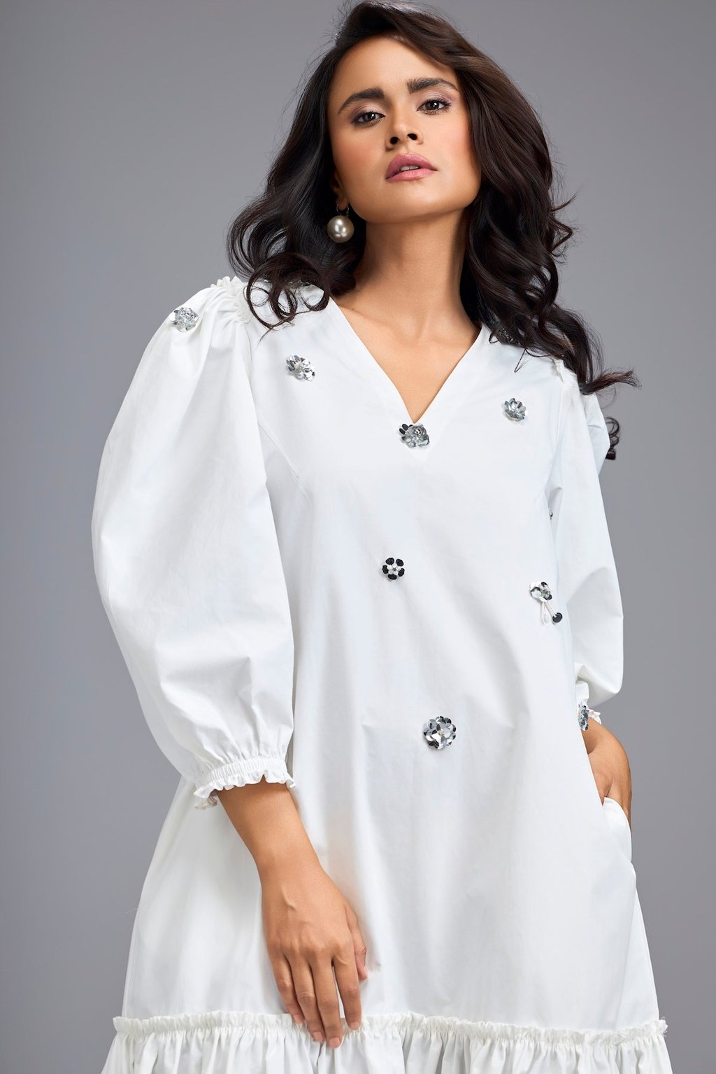 Long Gathered Hem Embellished Dress