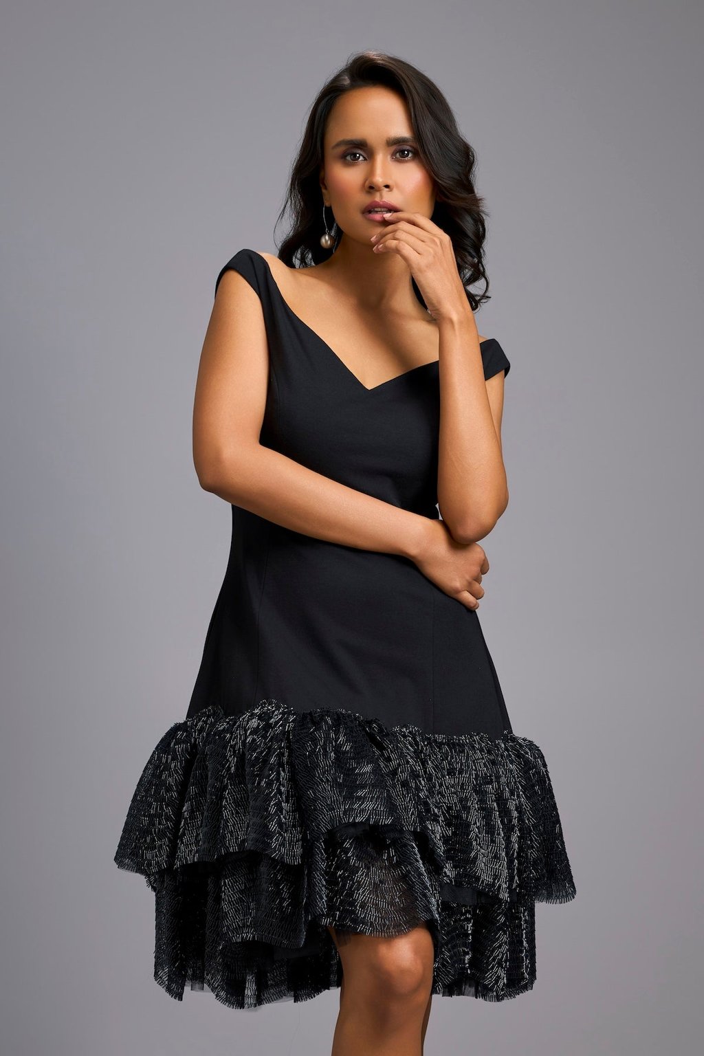 Off-Shoulder Dress with Shimmer Ruffles