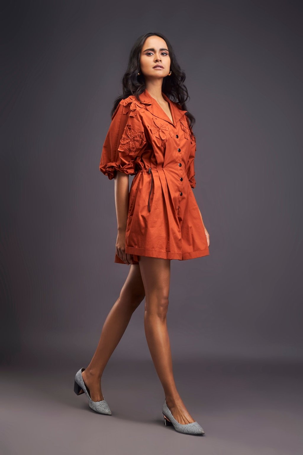 Lapel Collared Pleated Playsuit Rust