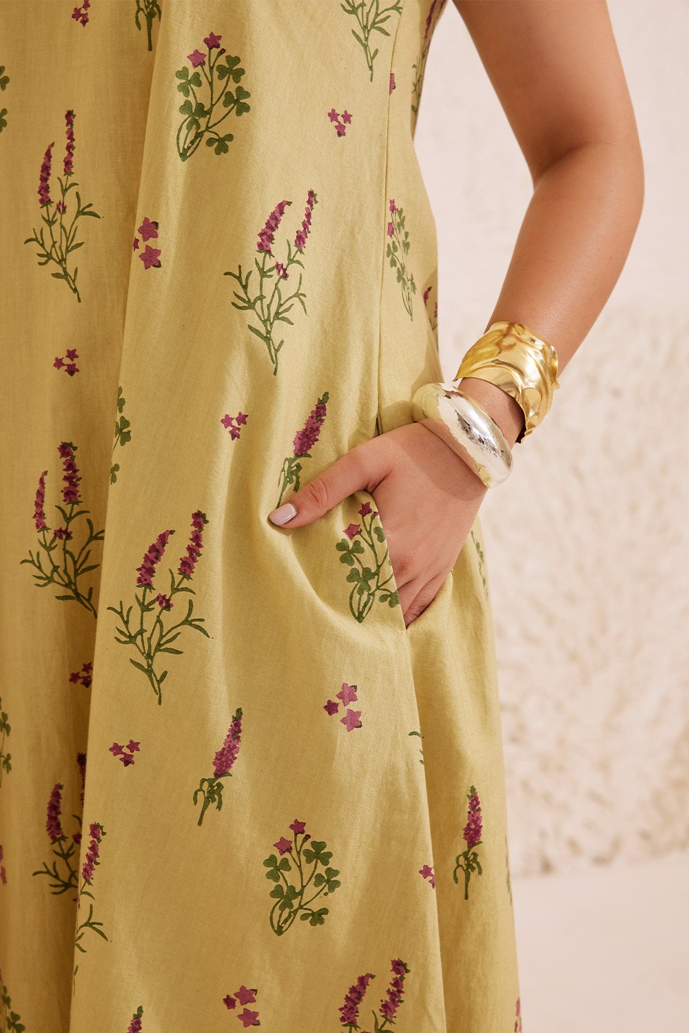 Sage Green Chanderi Hand Block Floral Dress