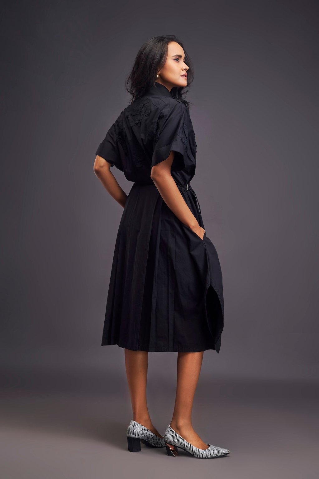 Pleated Oversized Shirt Dress with Patchwork Black