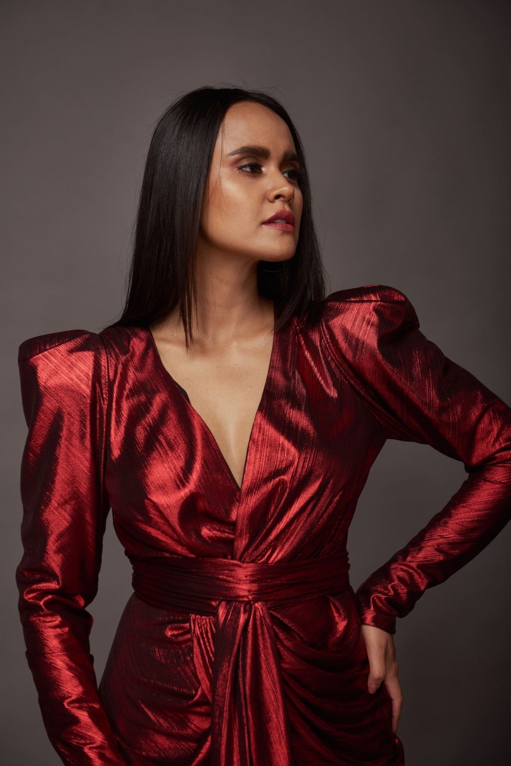 Metallic Foil Draped Short Dress