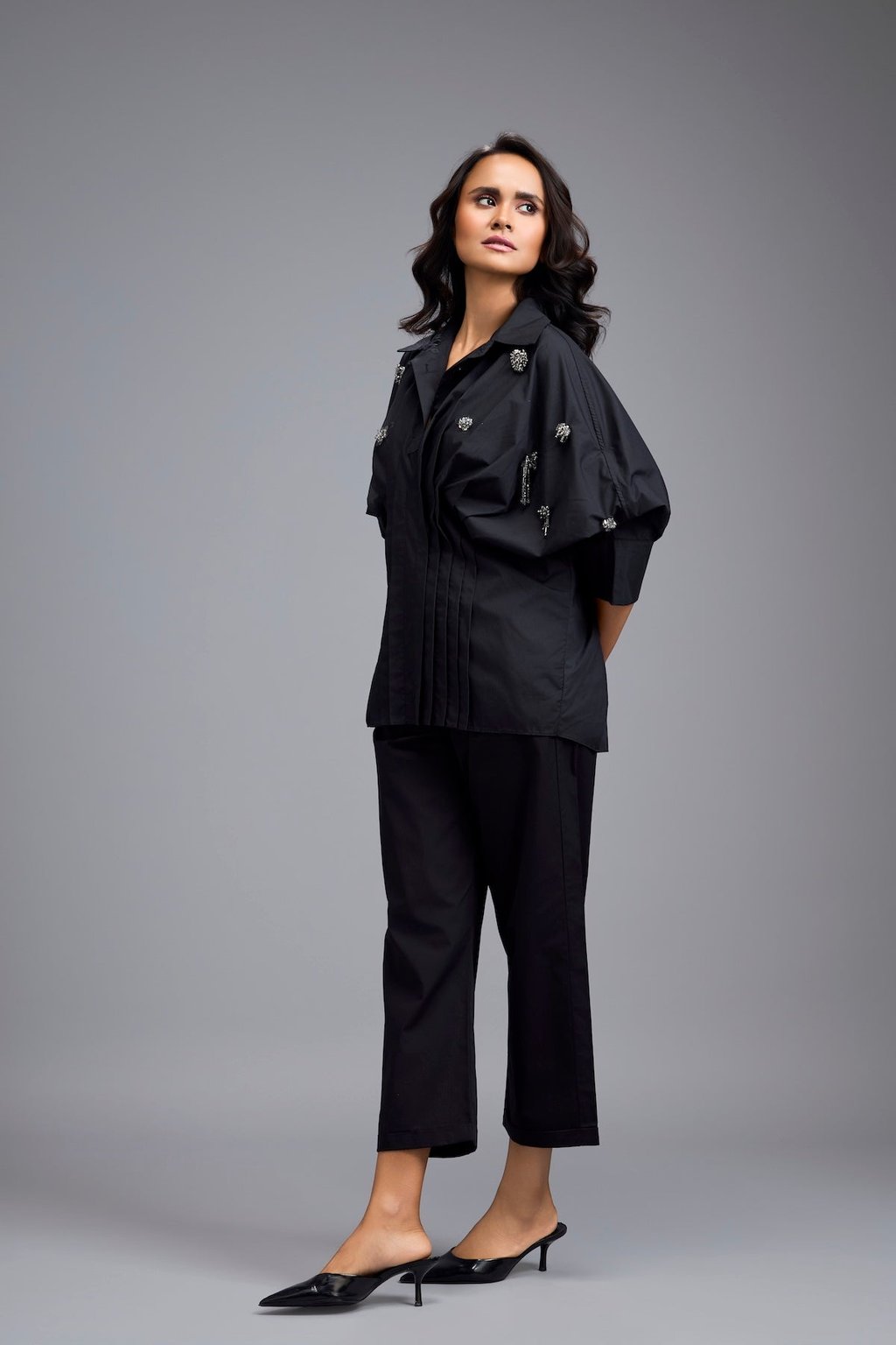 Black Embellished Button-Down Shirt with Pants