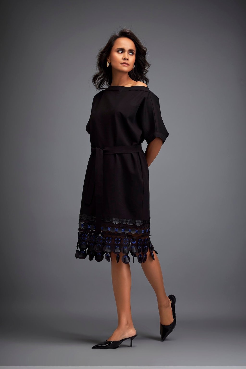 Structured Dress with Leather Applique Hem and Belt