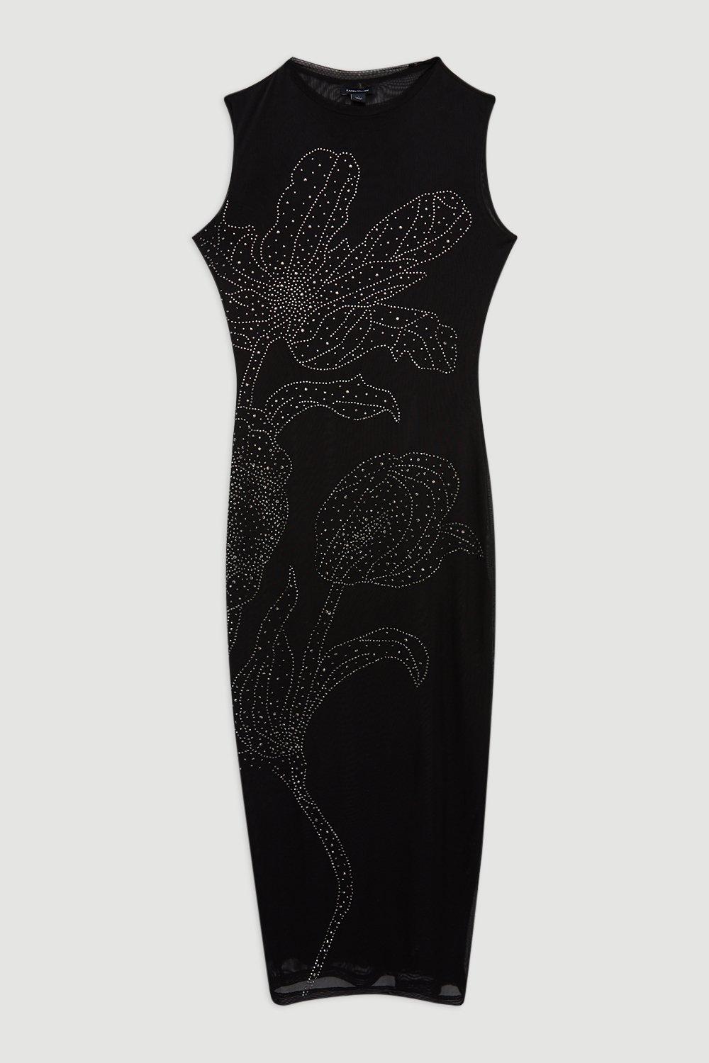 Placed Embellished Floral Mesh Jersey Midi Dress