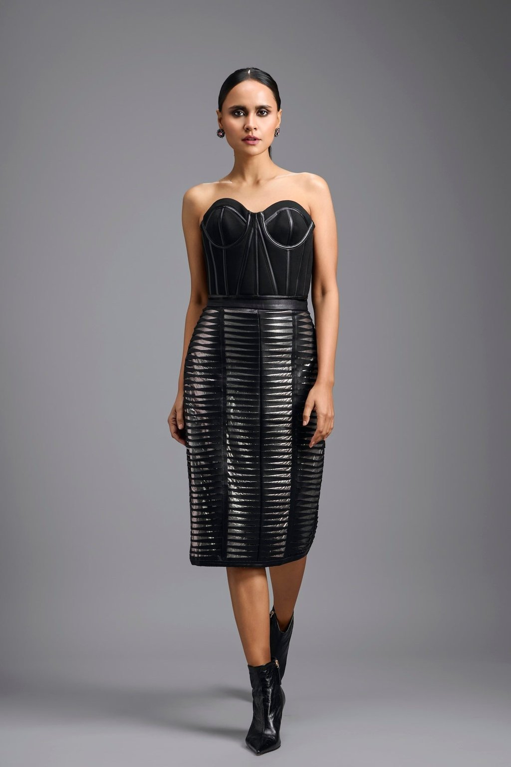 Sheer Leather-Strip Pencil Skirt