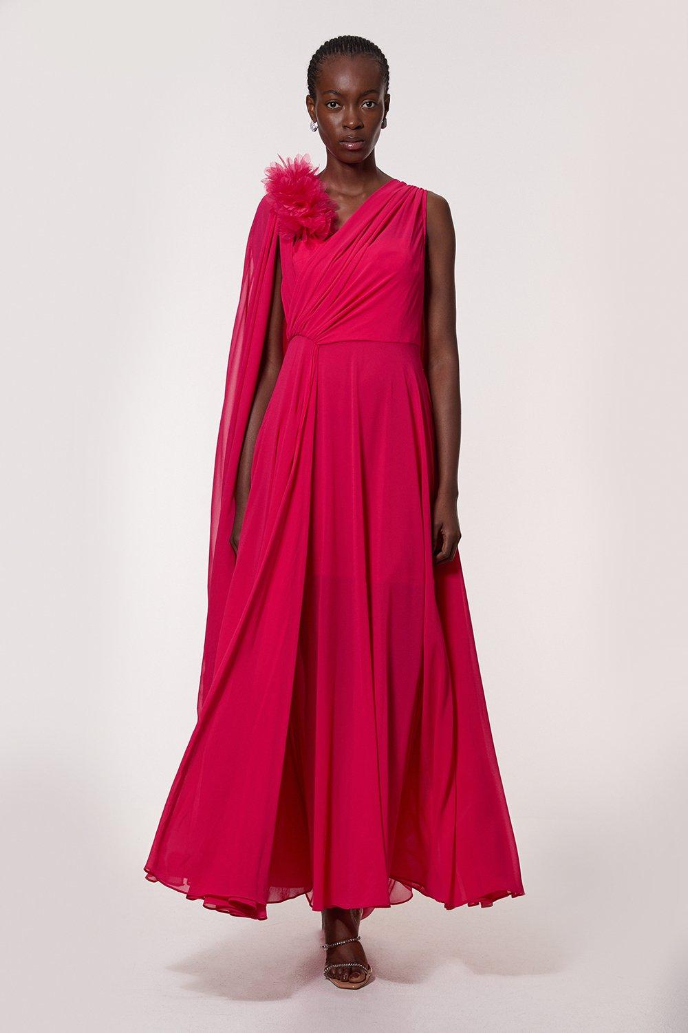 Georgette Pleated Bustier Cape Back Woven Maxi Dress