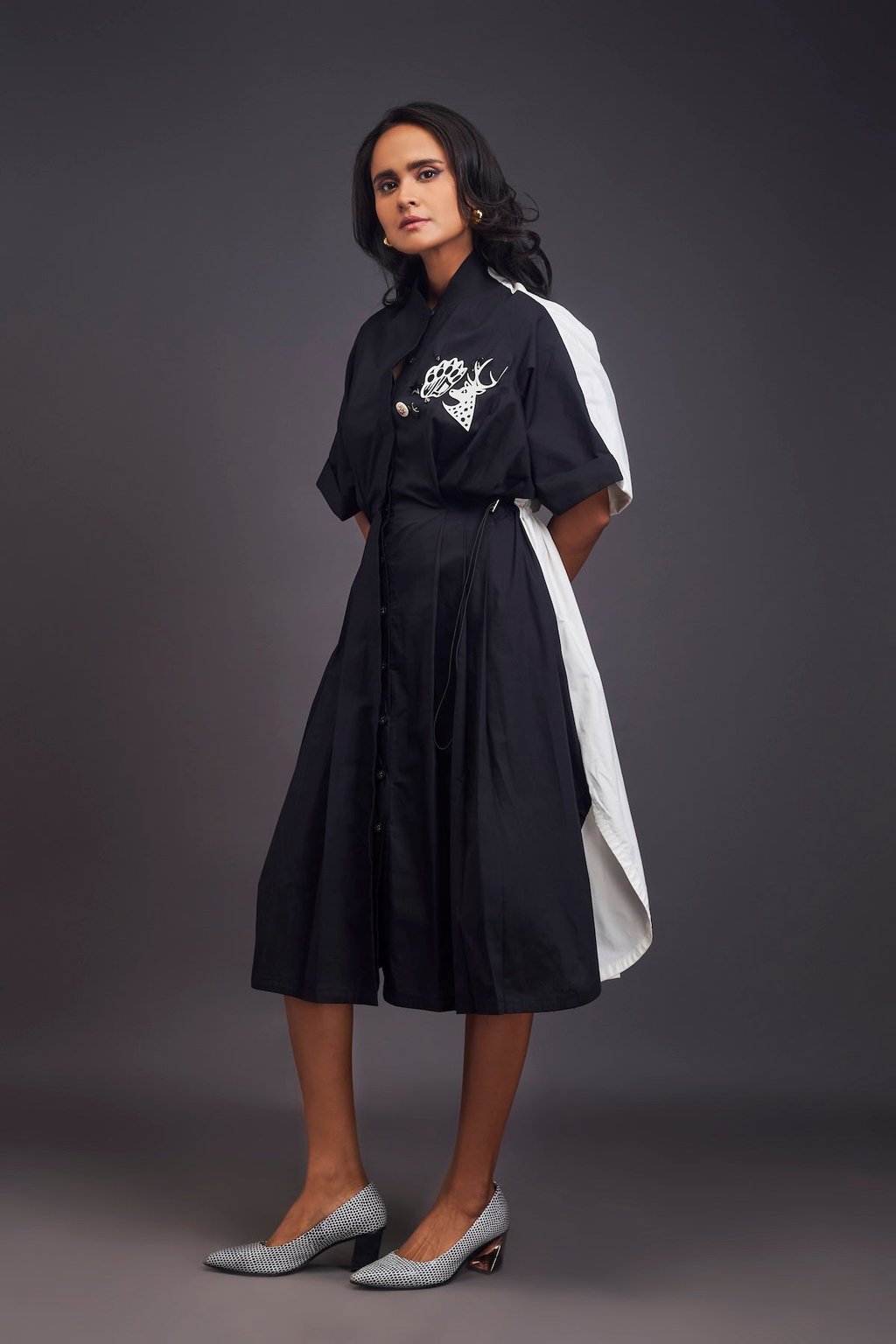 Pleated Oversized Shirt Dress with Patchwork