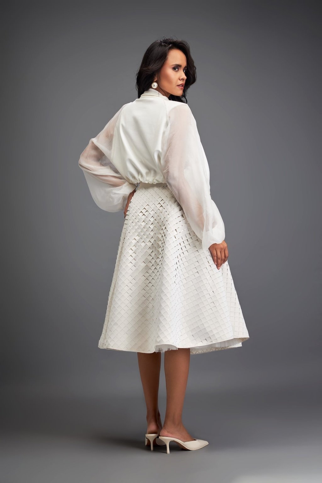 3d Textured A-Line Skirt with Grid Pattern