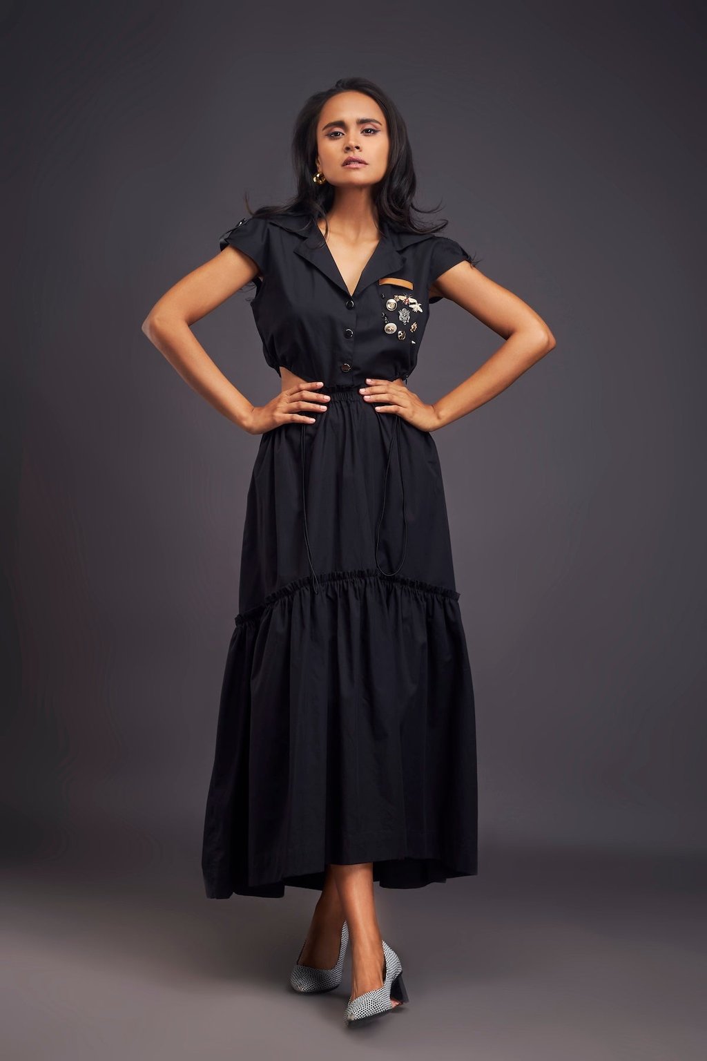 Lapel Collar Long Dress with Side Cutouts Black