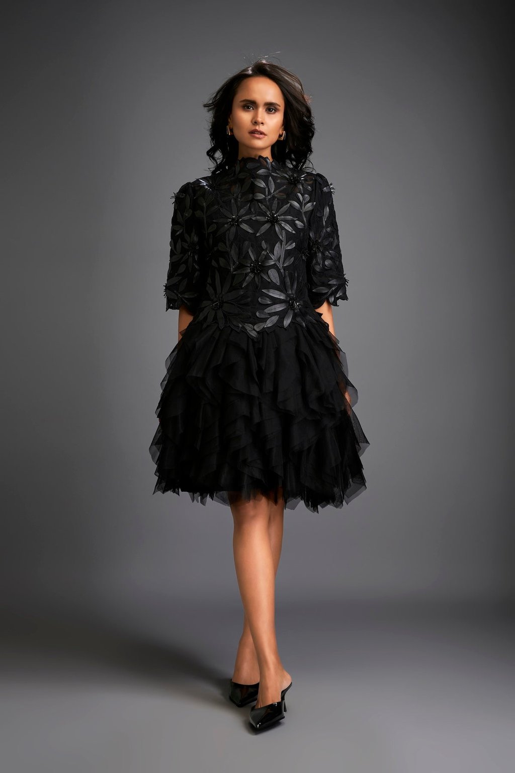 High-Neck Floral Applique Dress