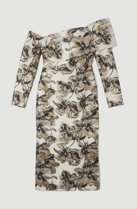 Floral Jacquard Asymmetric Neck Pencil Dress