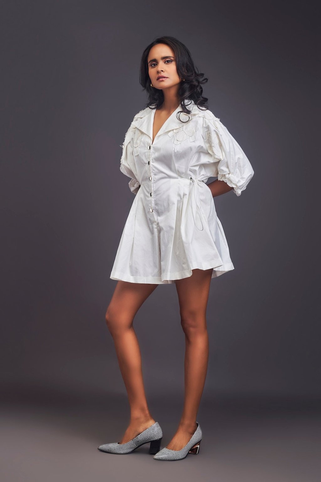 Lapel Collared Pleated Playsuit White