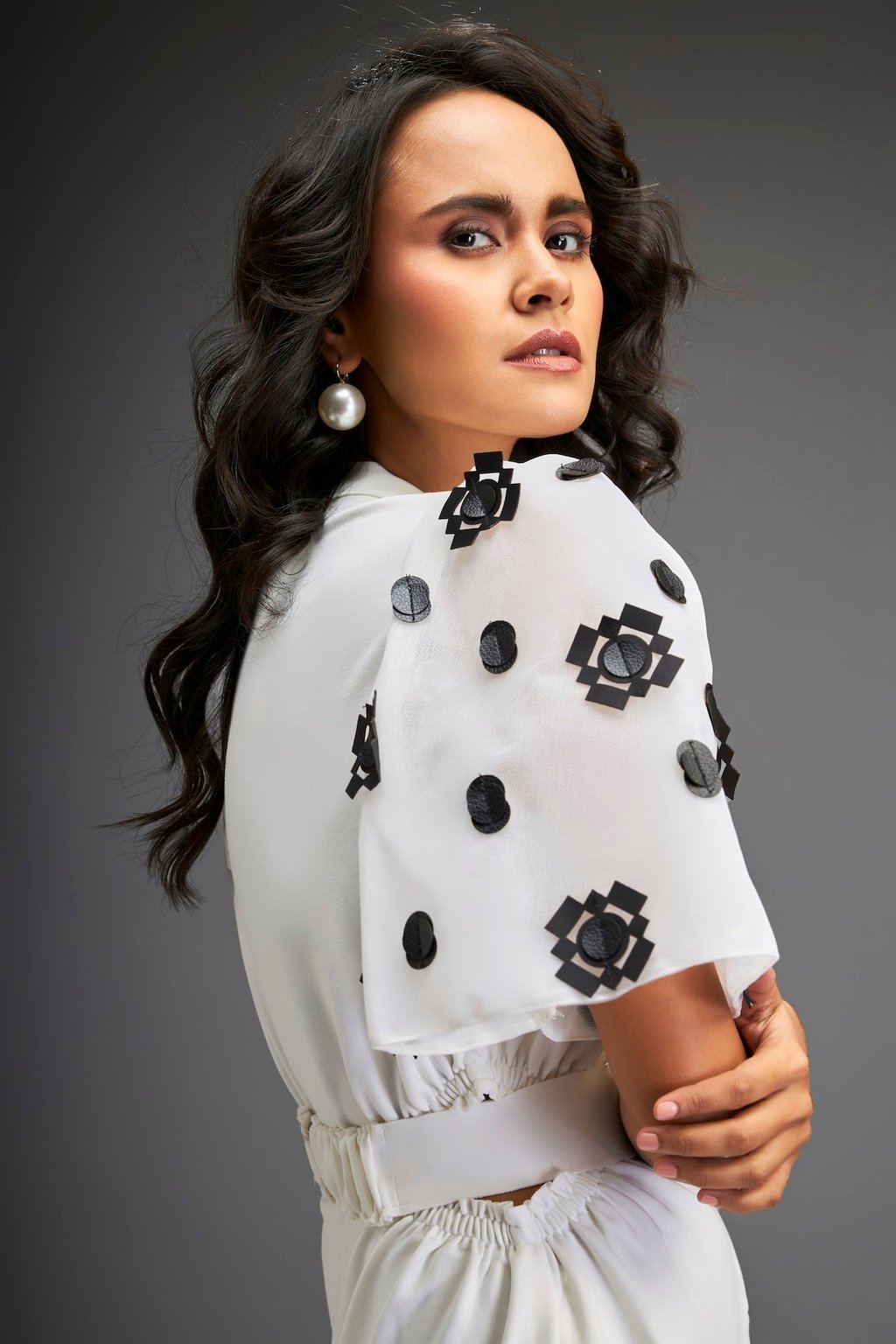 White Embroidered Sleeves Jumpsuit with Belt