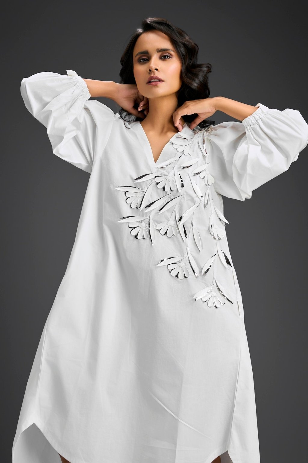 White Embellished Puff Sleeve High-Low Dress