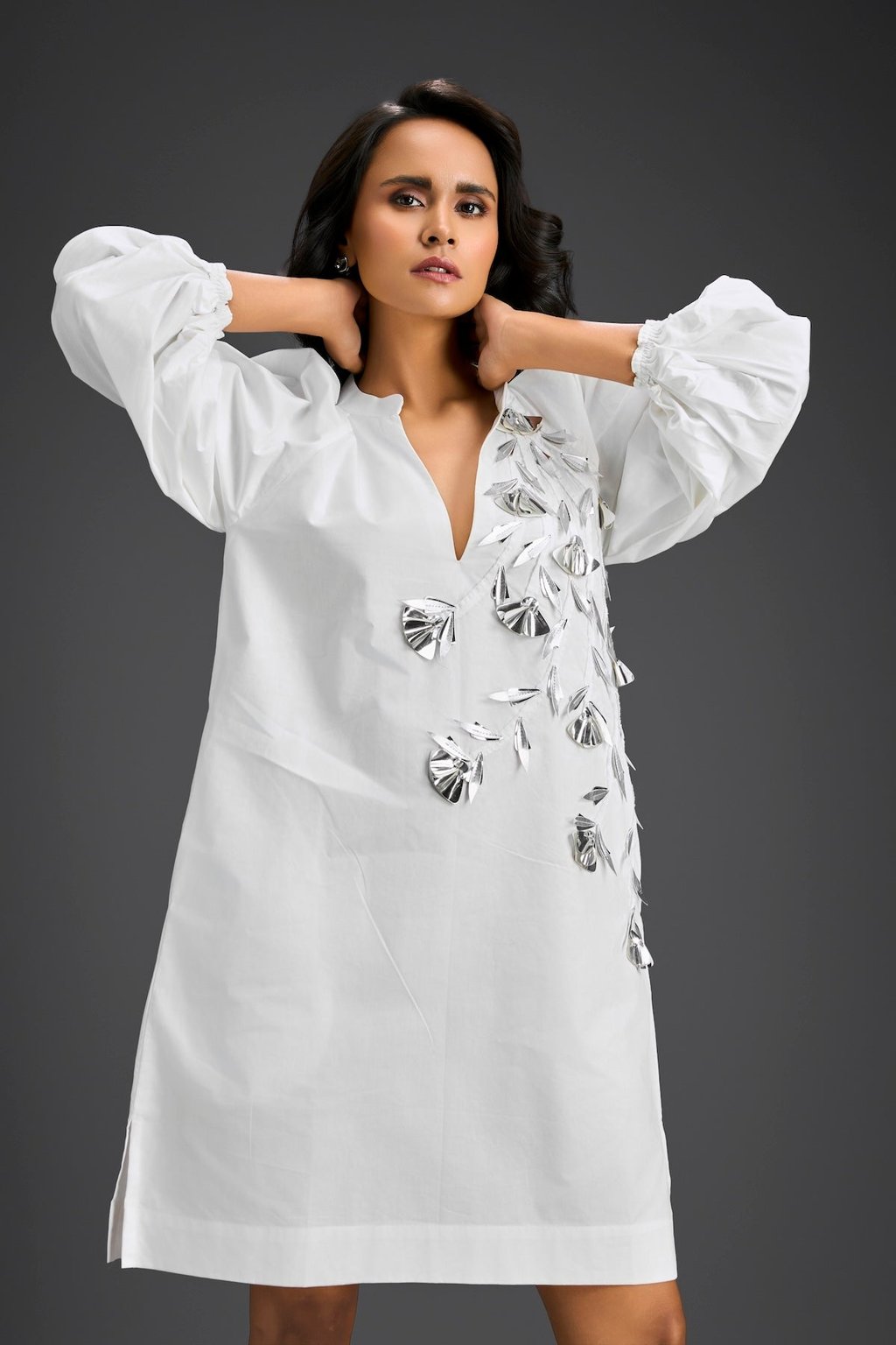 White Metallic Floral Embroidered Dress