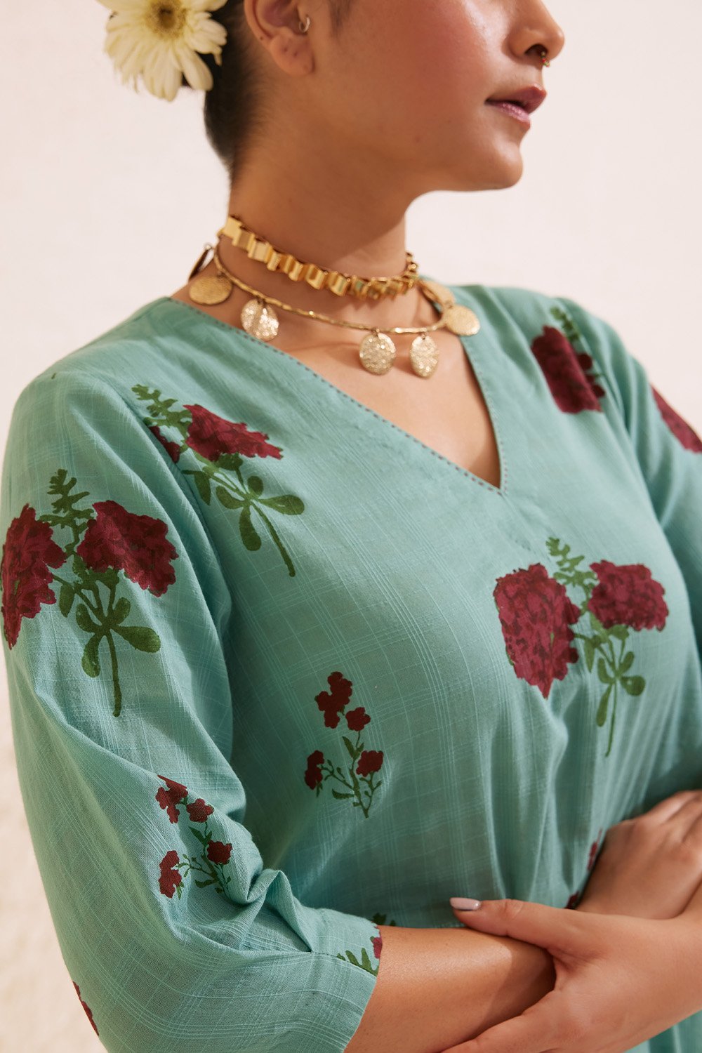 Teal Cotton Hand Block Floral Print Kurta Set