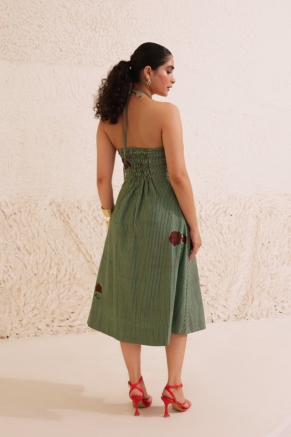 Teal Poplin Hand Block Floral Halter Neck Dress