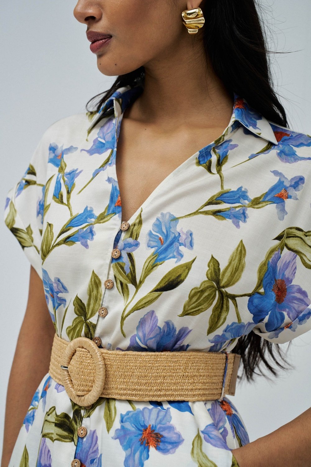 Linen Shirt Dress W/Front Buttoned Belt