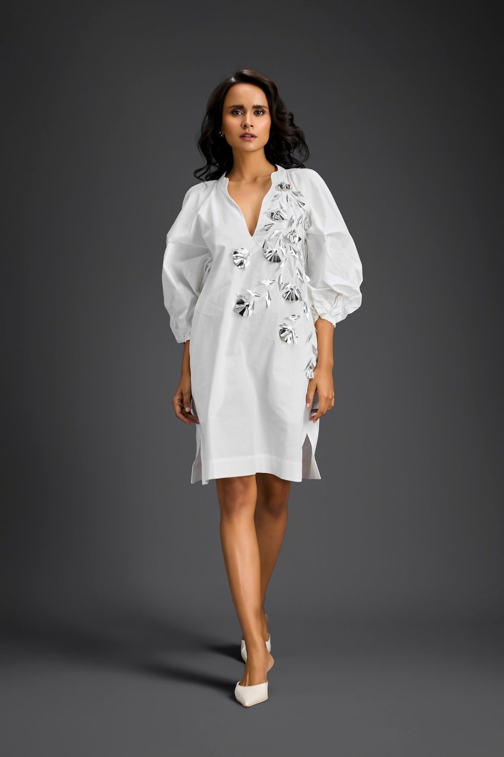 White Metallic Floral Embroidered Dress
