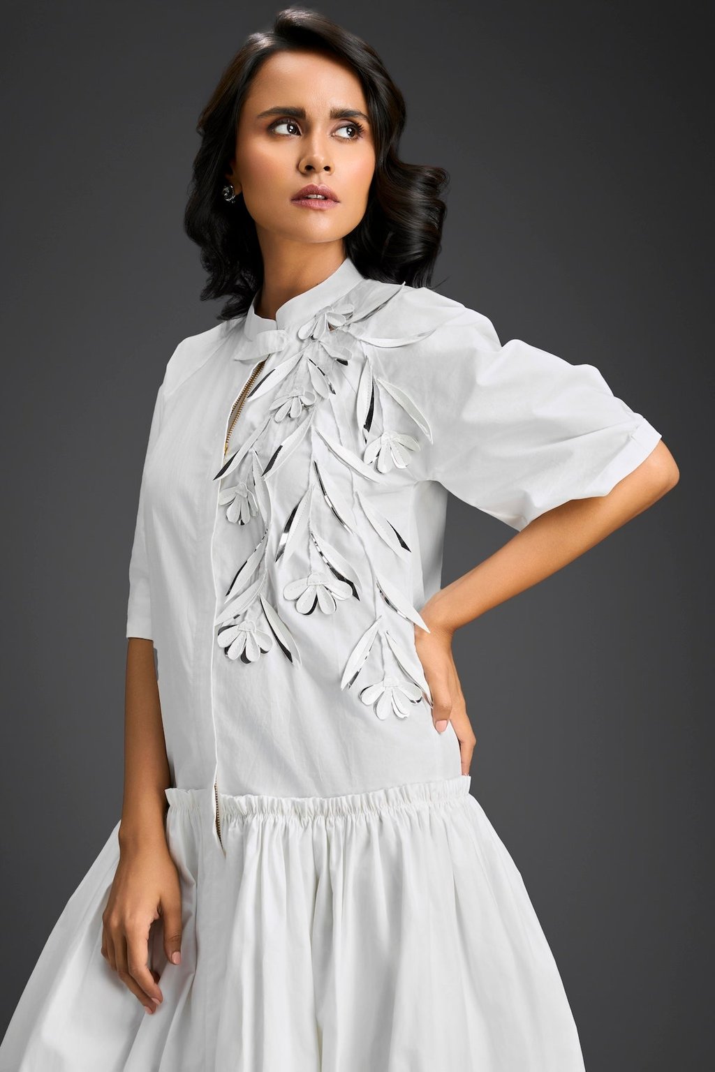 3d Floral Embellished Puff Sleeve Dress