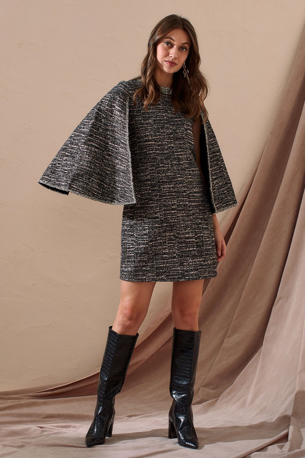 Cape Sleeved Tweed Dress