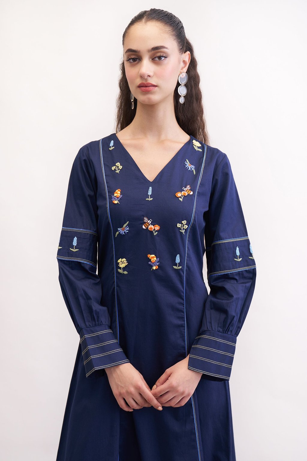 Feral Navy Embroidered Midi Dress