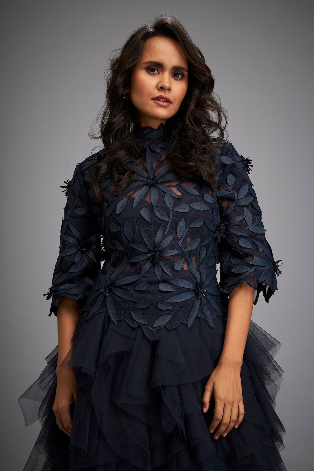 High-Neck Floral Applique Dress