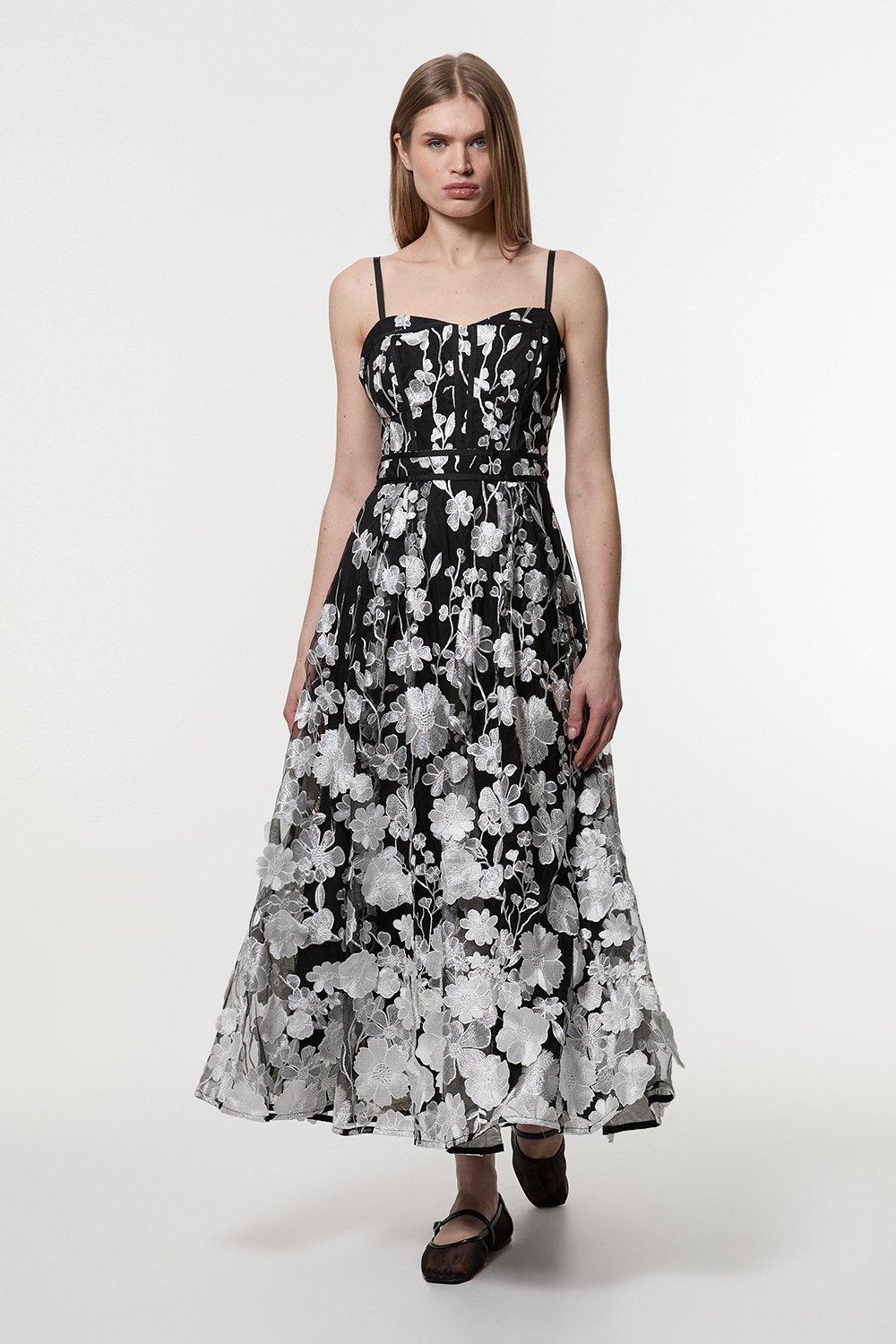 Floral Applique Corset Detail Woven Midi Dress
