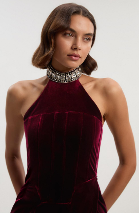 Tailored Velvet Halter Embellished Neck Midi Dress