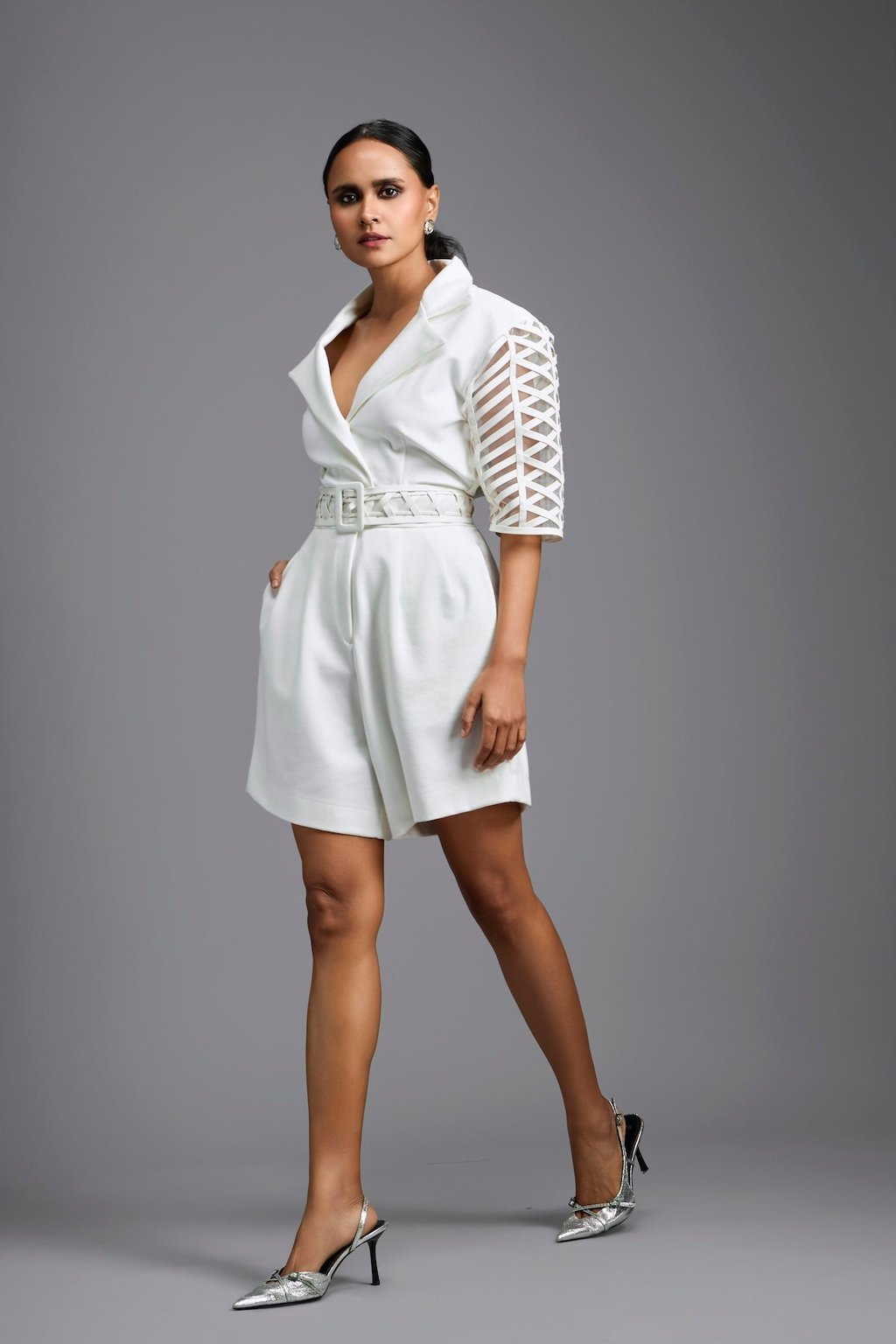 Playsuit with Woven Belt & Mesh Sleeves