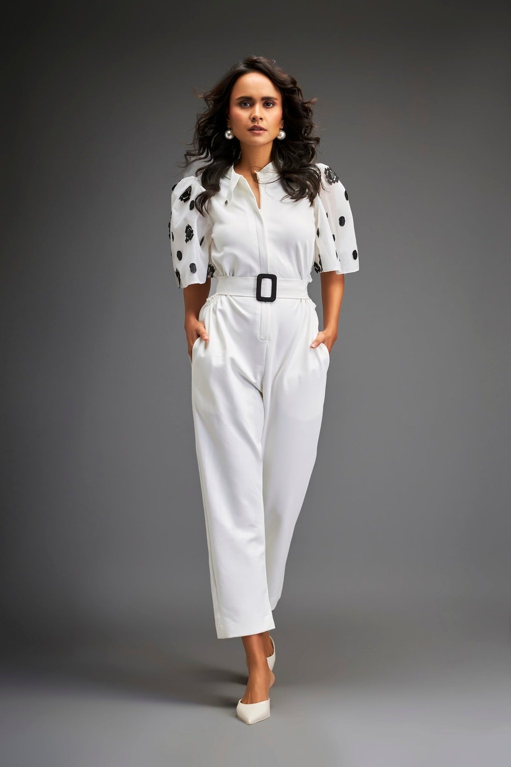 White Embroidered Sleeves Jumpsuit with Belt