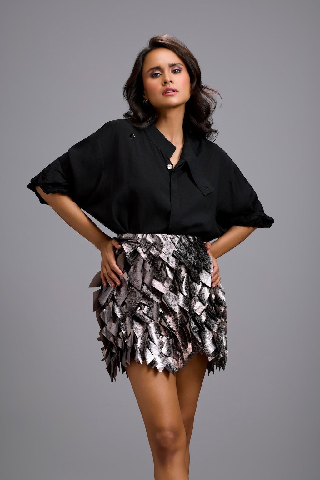Metallic Mini Skirt with 3d Leaf Appliqu�