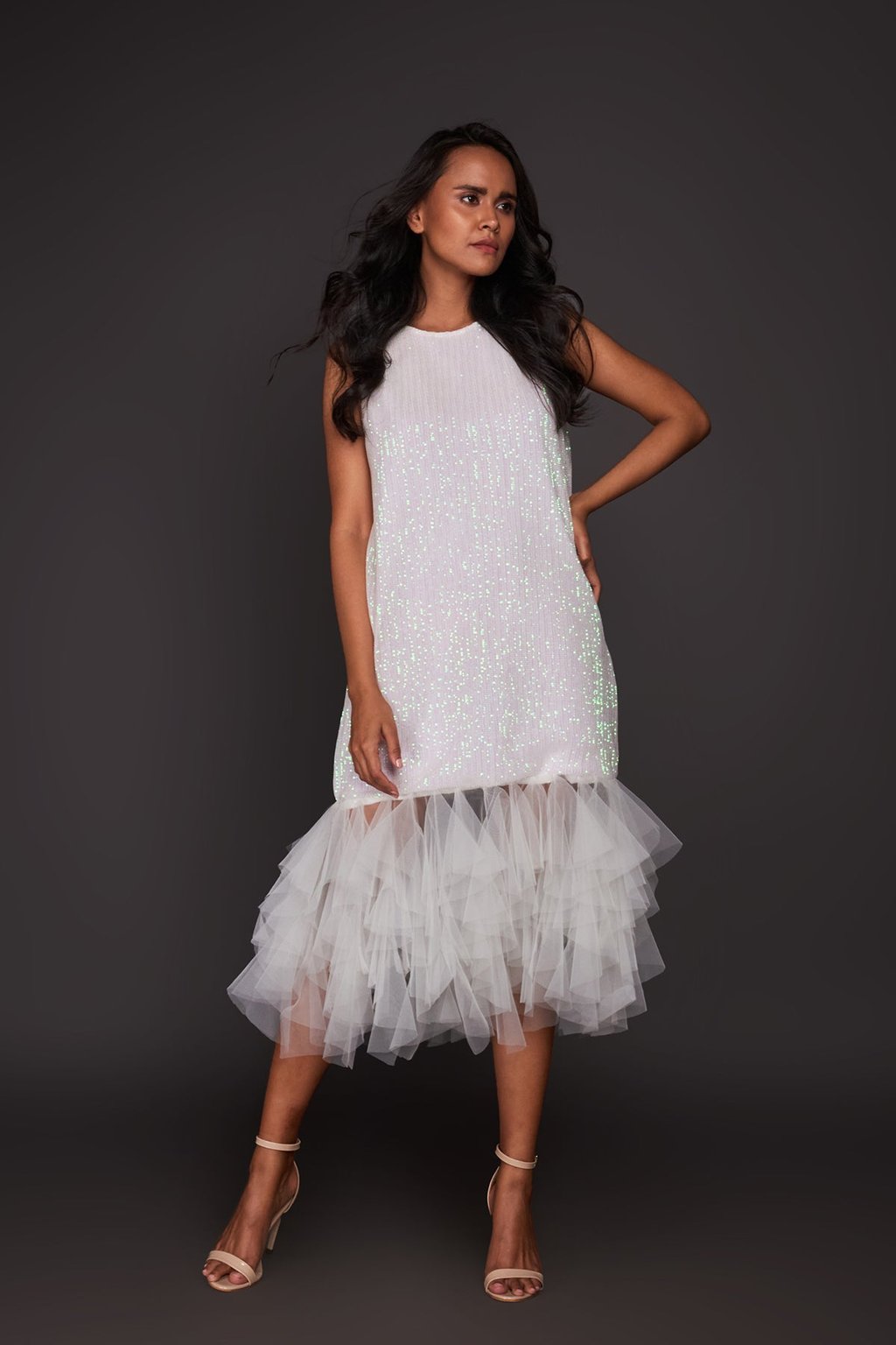 Sequin Shift Dress with Net Ruffled Bottom