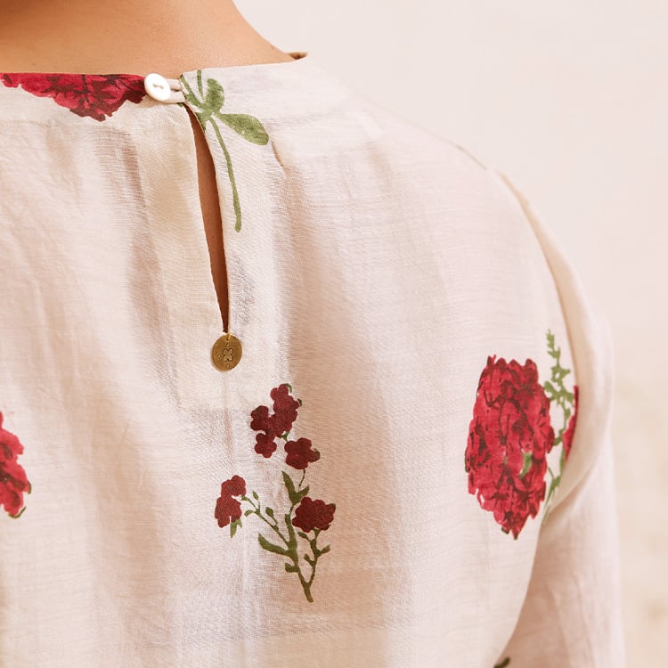Ivory Chanderi  Hand Block Floral Print Kurta Set